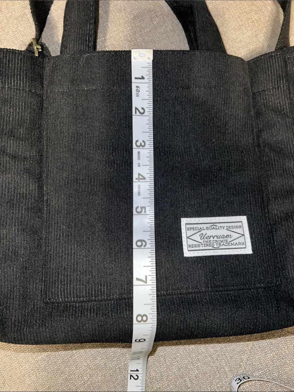 Black Corduroy Crossbody Tote Bag with Front Patch - Uerruam